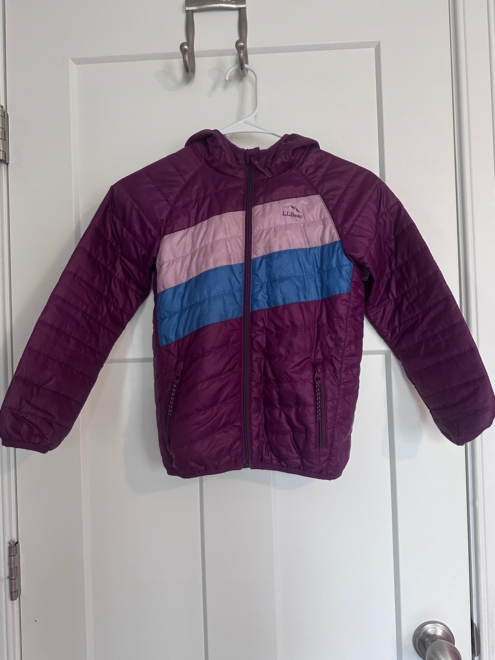 L.L. Bean Purple Hooded Puffer Jacket with Pink and Blue Stripes